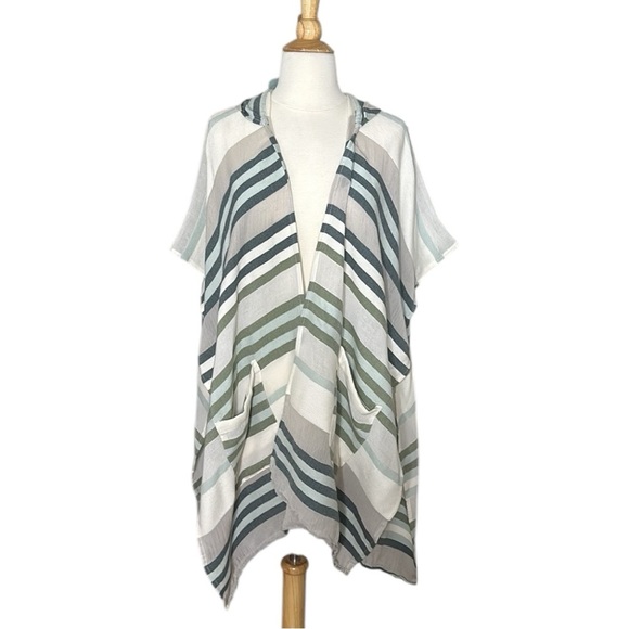 MICHAEL STARS Open Hooded Kimono Cover Up Topper Coastal Stripe Beachy Boho OS - Picture 1 of 16